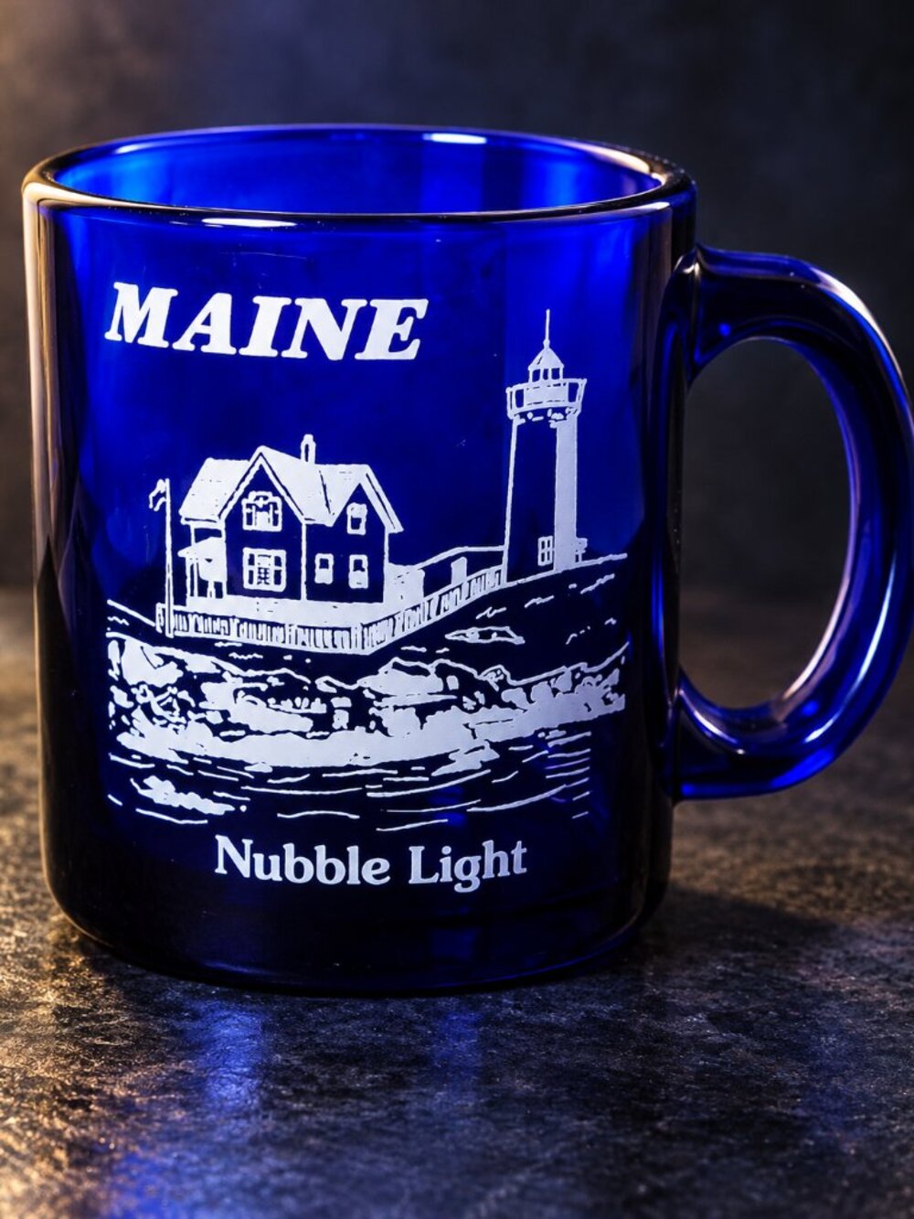 Blue Cobalt Glass Mug Nubble Light Cape Nedick Maine Souvenir Made USA